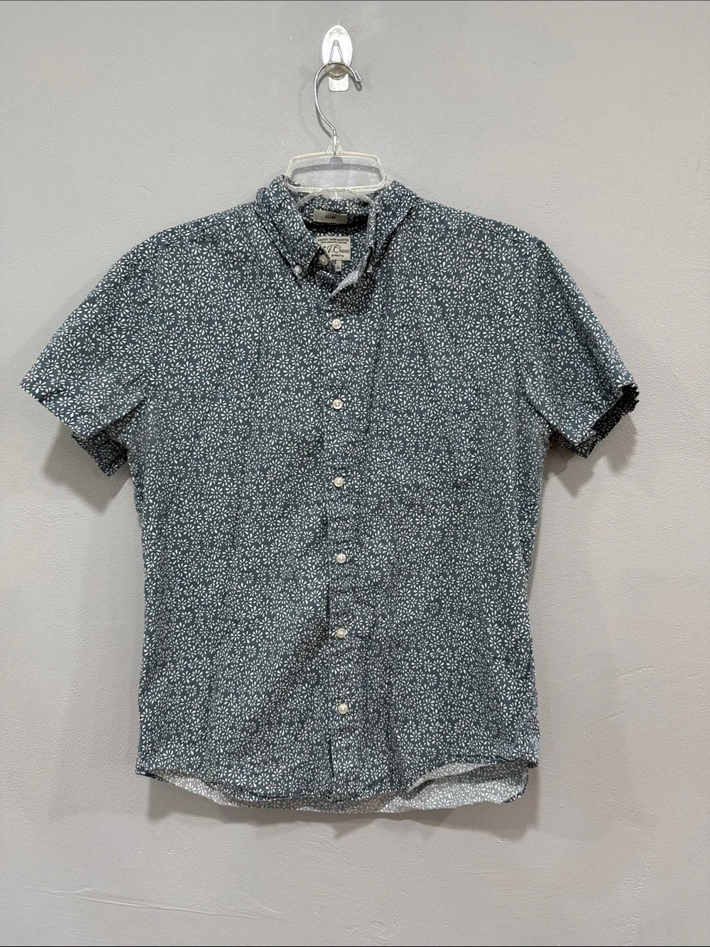 J. Crew Short-Sleeve Button-Down Slim Organic Shirt in Teal Floral Size Medium